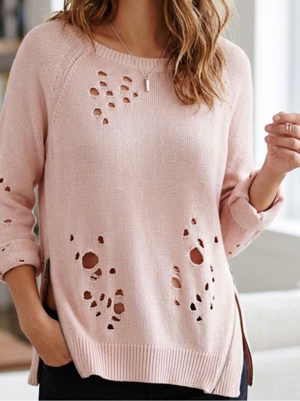 Preloved Light Pink Distressed Knit Sweater Small